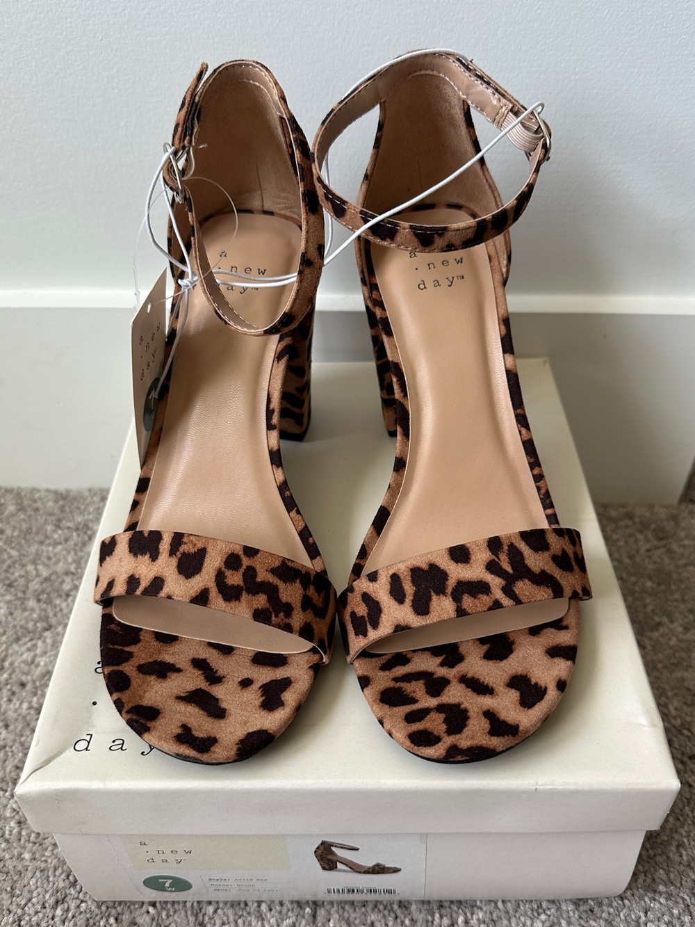 a new day Leopard Print Ankle Strap Block Heels - Brown/Black Size 7W